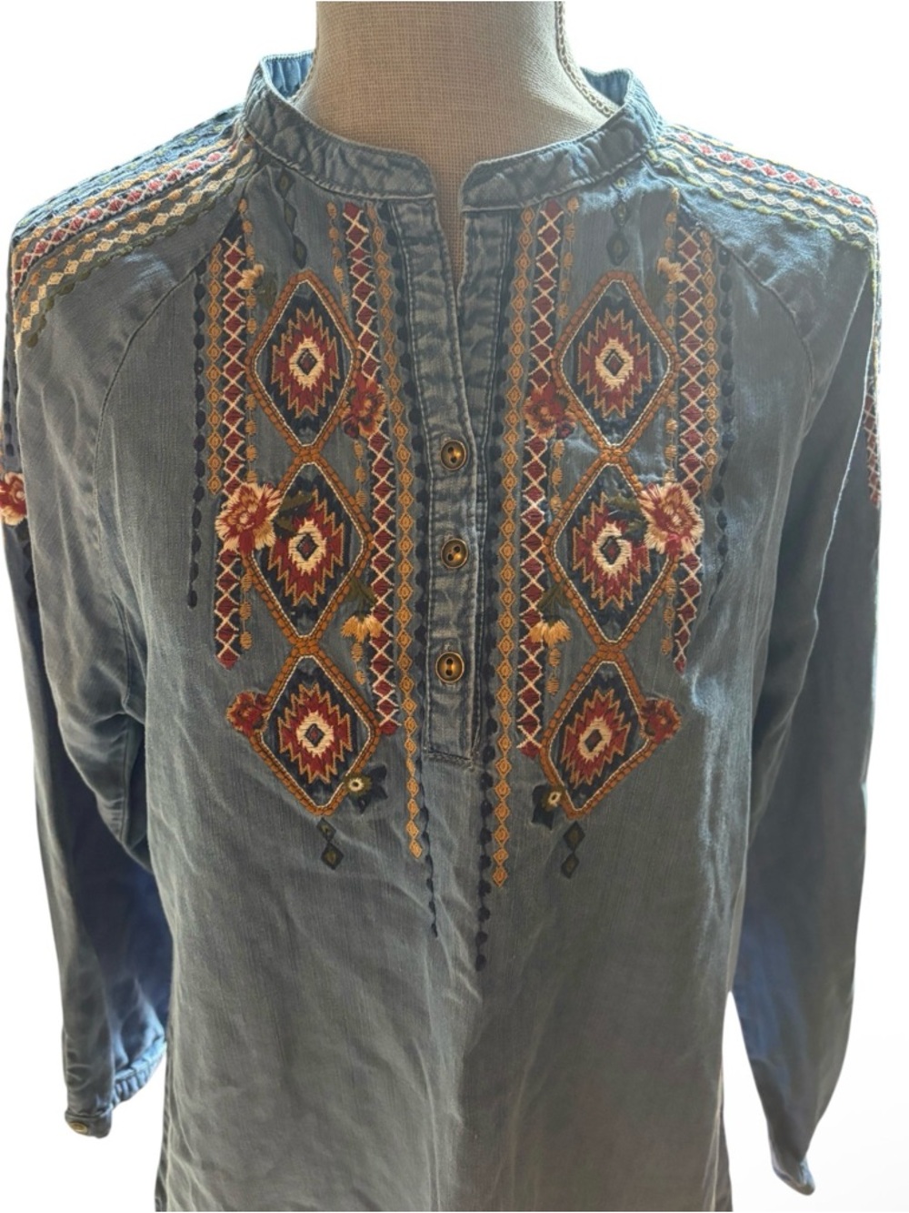 REBA Boho Embroidered Chambray Denim Tunic Top Western Southwest M Cottagecore - Picture 3 of 11